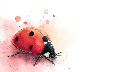A vibrant watercolor illustration of a ladybug with black spots on a red shell, set against a soft, splattered background.