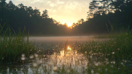 Sunrise over misty lake with golden reflection and dew drops on green grass
