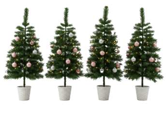 four miniature artificial christmas trees with pale pink and silver baubles, sharp focus, isolated on a seamless high-key white studio background. Concept for elegant christmas product display