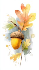 A watercolor illustration of an acorn with oak leaves, showcasing vibrant autumn colors and fluid artistic details.