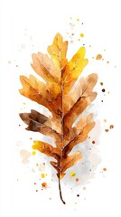 A vibrant watercolor illustration of a golden-brown oak leaf, surrounded by splashes of color, evoking autumn's beauty and tranquility.