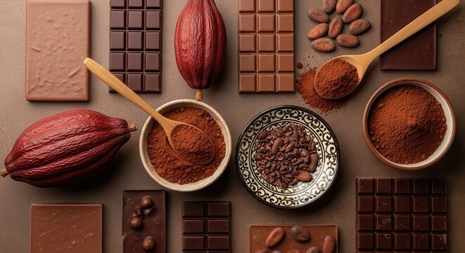 A Delicious Variety of Chocolate Products and Cocoa Beans Artfully Arranged on a Textured Surface