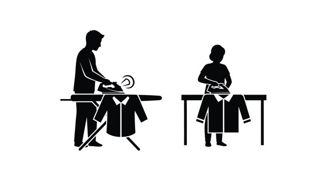 A silhouette of a man ironing clothes while a child watches him