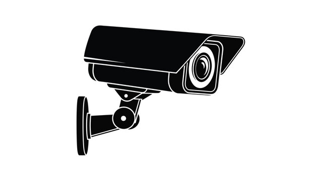 A black and white illustration of a security camera mounted on a wall