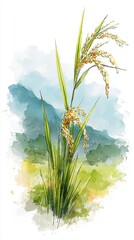 A vibrant watercolor illustration of rice plants showcasing golden grains against a soft, colorful background.