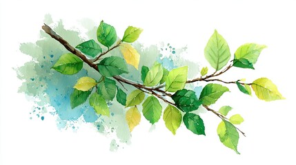 A vibrant watercolor illustration of a branch displaying green and yellow leaves against a soft blue background.