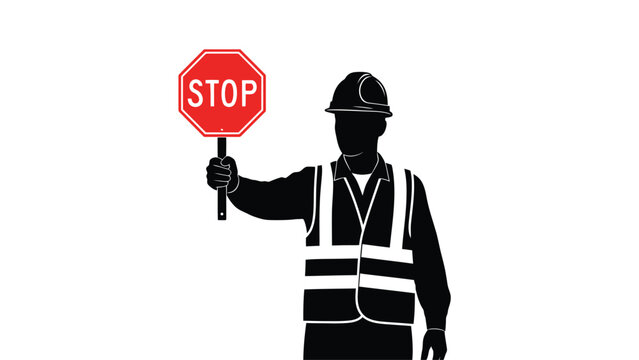 Construction worker holding a stop sign safety and traffic control imagery