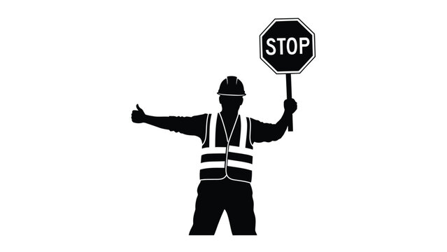 Construction worker directing traffic with a stop sign safety illustration