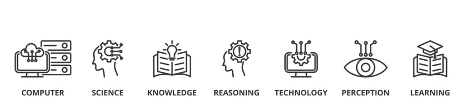 AI ( Artificial intelligence ) banner vector illustration concept with icons of computer, science, knowledge, reasoning, technology, perception and learning