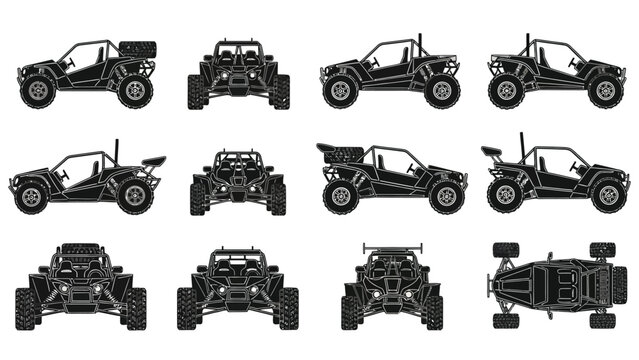 Detailed illustrations of off road buggies in various perspectives and configurations