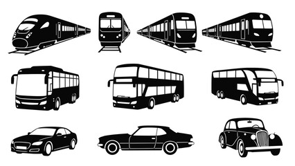 Black silhouette illustrations depicting various modes of transportation trains buses and cars © MdBakerHossen