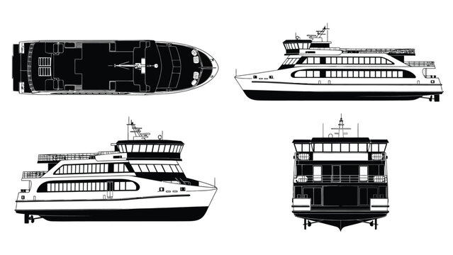 Detailed blueprint views of a passenger ferry boat from multiple perspectives
