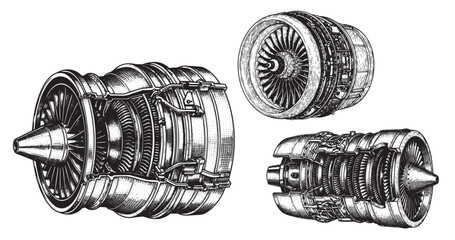 Aircraft turbine engine engraving illustration for aviation engineering branding © Gabut Stock
