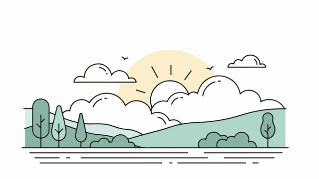 Tranquil landscape illustration with rolling hills, dense greenery, and a sunlit sky