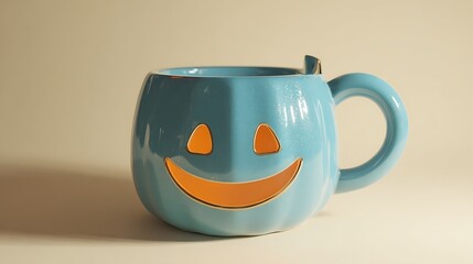 Teal jack-o-lantern mug with orange smile and eyes