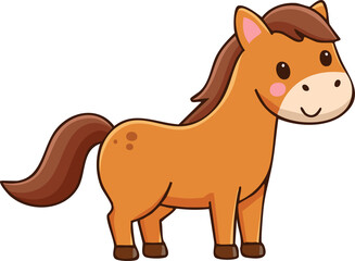 Cute cartoon horse character, standing pose, smiling happily, simple flat design, clean outline, pastel colors, minimal details, white background, kawaii style, vector illustration, character centered