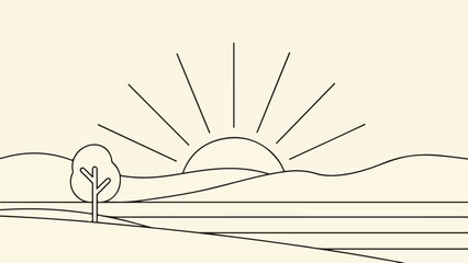 Fototapeta premium Minimalist black and white line drawing of a solitary tree with rolling hills and a sunrise or sunset
