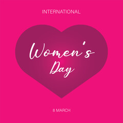 A vibrant pink graphic celebrates International Womens Day on 8 March with a heart design