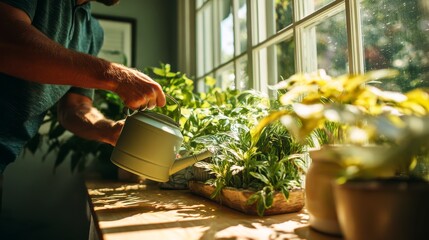 Man watering plants by bright window with natural sunlight, nurturing indoor greenery with metal watering can, creating peaceful and refreshing atmosphere