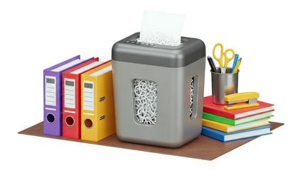 Office Supplies Shelf with Paper Shredder, Binders, Books, and Stationery