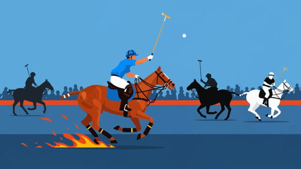 Polo player on horseback hitting ball.