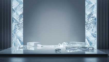 Abstract Icy Stage With Geometric Shapes And Reflective Surface Under Soft Spotlight