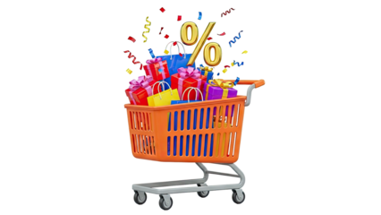 Shopping Cart Full of Gifts and Percentage Symbol for Sales