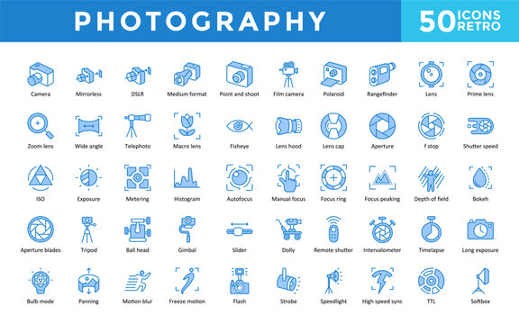 Photography icons set with camera, mirrorless, behind the scenes, telephoto, point and shoot, bokeh, focus peaking, depth of field icon. Simple retro vector 
