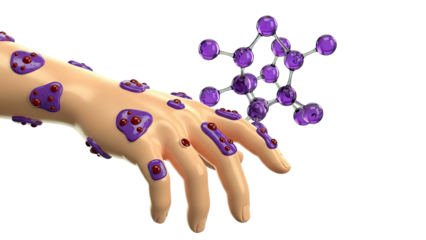 Hand with Purple Molecular Structures and Red Blobs