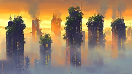 Dystopian City Skyline at Sunset with Overgrown Skyscrapers Shrouded in Fog and Smoke, Digital Painting