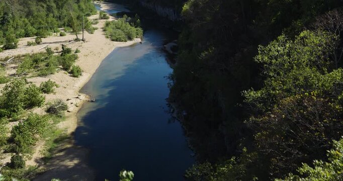 Aerial View Of River Along The Devils Backbone Wilderness In Summer In Missouri, USA.