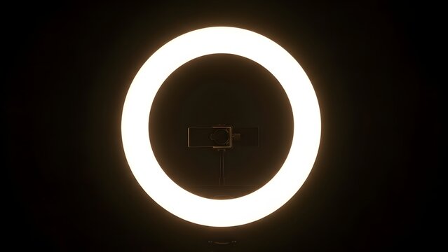 Powerful LED ring light illuminating a dark environment, designed for professional photography, videography, and content creation, offering consistent and flattering glow for various visual projects - Powered by Adobe
