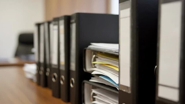 Orderly Office Black Binders Lined Up on Desk with Documents, and Business Filing.