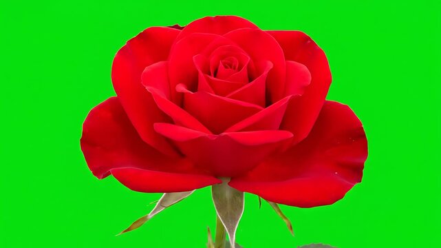 Beautiful Red Rose Bloom on Green Screen Background for Easy Compositing