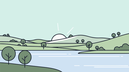 Obraz premium Countryside landscape illustration with two prominent trees, rolling hills, and distant horizon