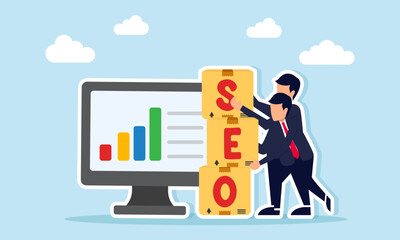 Two businessmen collaborating to arrange SEO boxes near a monitor with graph illustration of building SEO strategy for business sales optimization