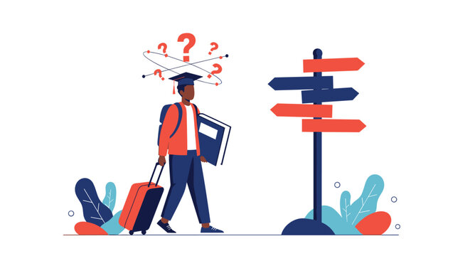 Young graduate with a suitcase and book standing at a crossroads with multiple arrows on a signpost representing future career choices.