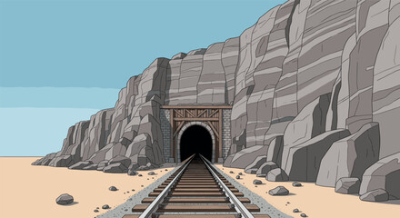 Railway tracks entering a reinforced stone tunnel through a steep rocky mountain cliff in desert landscape vector illustration. © PUTUL