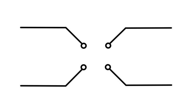 Minimal abstract animation of four black circuit connections with circular nodes on a white background, representing technology, data transfer, or digital networks