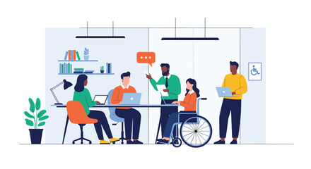 Diverse team of professionals working in a modern office environment that promotes inclusivity and accessibility for all employees.