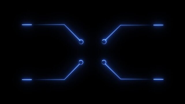 Abstract blue neon circuit board elements and nodes animation on a dark background, technology connection, data processing, or futuristic network