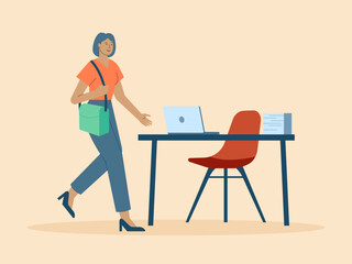 A woman who comes to the office walks towards her desk at her workplace. Busy People illustration. Flat vector concept.
