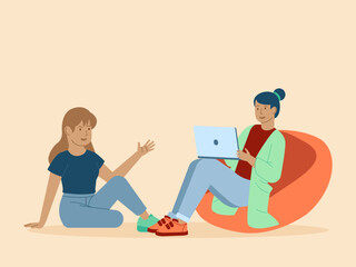 Two people interacting while one uses a laptop. Busy People illustration. Flat vector concept.