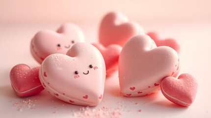 Obraz premium A charming collection of adorable pink heart-shaped treats, sweetly decorated with cheerful faces, perfect for spreading joy and affection on special occasions and celebrations