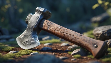 Traditional Steel Axe with Sharp Forged Blade and Wooden Handle, Showcasing Rugged Craftsmanship for Woodcutting, Forestry, Survival, and Outdoor Tasks