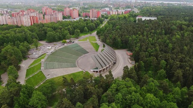 Rainy summer aerial scene of Vasaros koncertu estrada in Klaipėda city