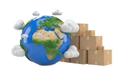 Earth with Clouds and Stack of Shipping Boxes