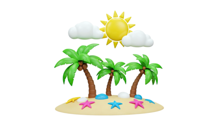 3D Tropical Island Scene with Palm Trees, Sun, and Starfish