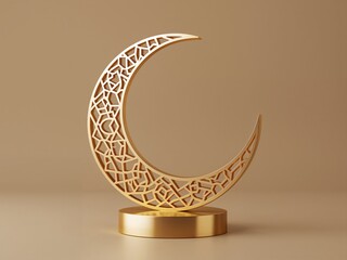 Decorative golden crescent ornament on a minimalist base. Elegant Islamic symbol for Ramadan and spiritual celebrations.