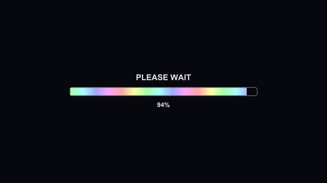 A progress bar animation appears on a dark background. It displays the message Please wait along with a colorful indicator showing 100 percent completion. The scene indicates a loading process.